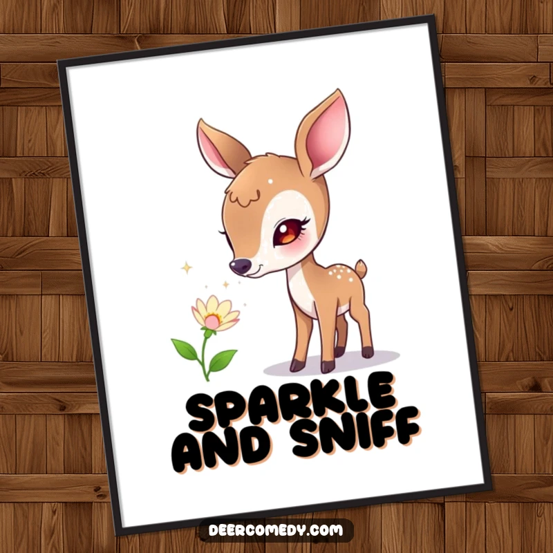 Funny digital art print of a curious deer sniffing a flower that emits tiny, sparkling bubbles, capturing a moment of gentle wonder.