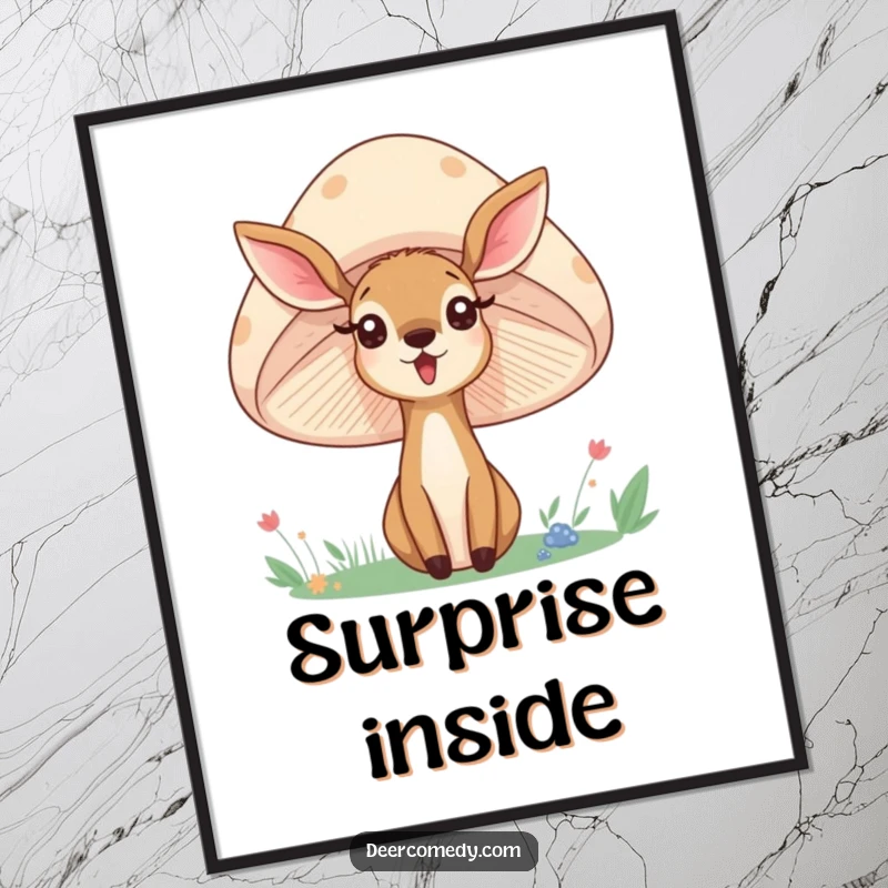 Funny digital art print of a deer peeking from behind a mushroom, designed to bring woodland whimsy and humor to digital displays.
