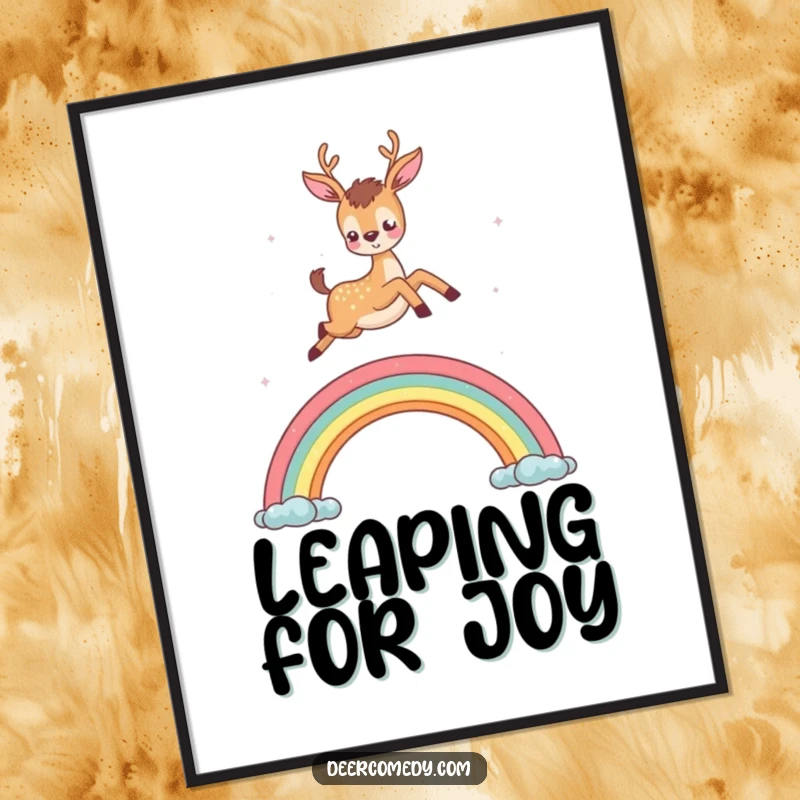 Funny digital art print of a deer leaping over a rainbow, designed to add enchantment and humor to digital displays.