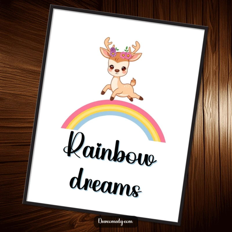 Funny digital art print of a cute deer with flowers in its antlers joyfully leaping over a vivid, colorful rainbow.