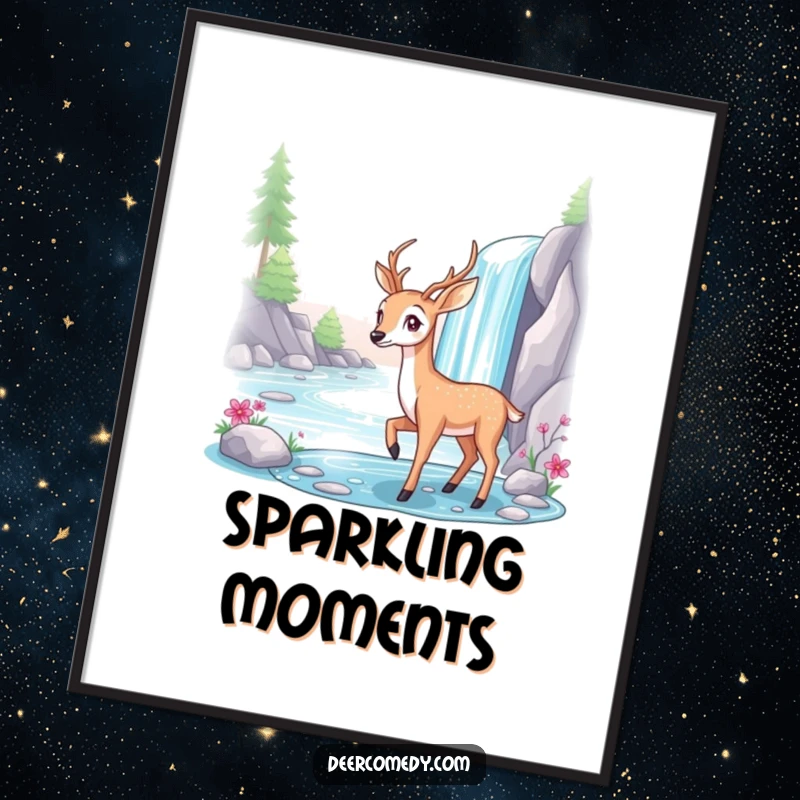 Funny digital art print of a graceful deer posing elegantly beside a sparkling, cascading waterfall.