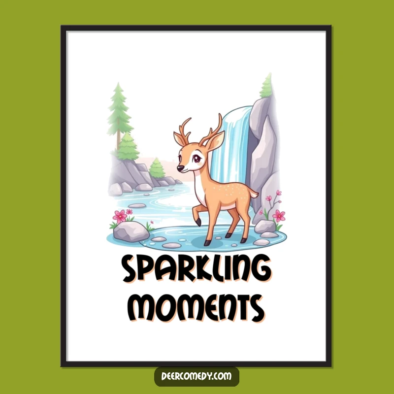 Funny Deer Waterfall Digital Art: Instant Serene Decor Gift