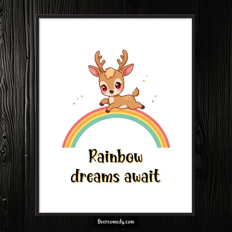 Funny kawaii deer digital art print of a deer with sparkling eyes leaping playfully over a rainbow arch.