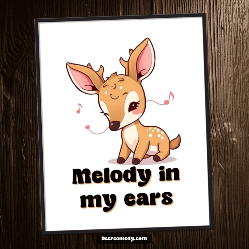 Funny kawaii deer digital art print of a deer with oversized ears listening intently to a tiny melody.
