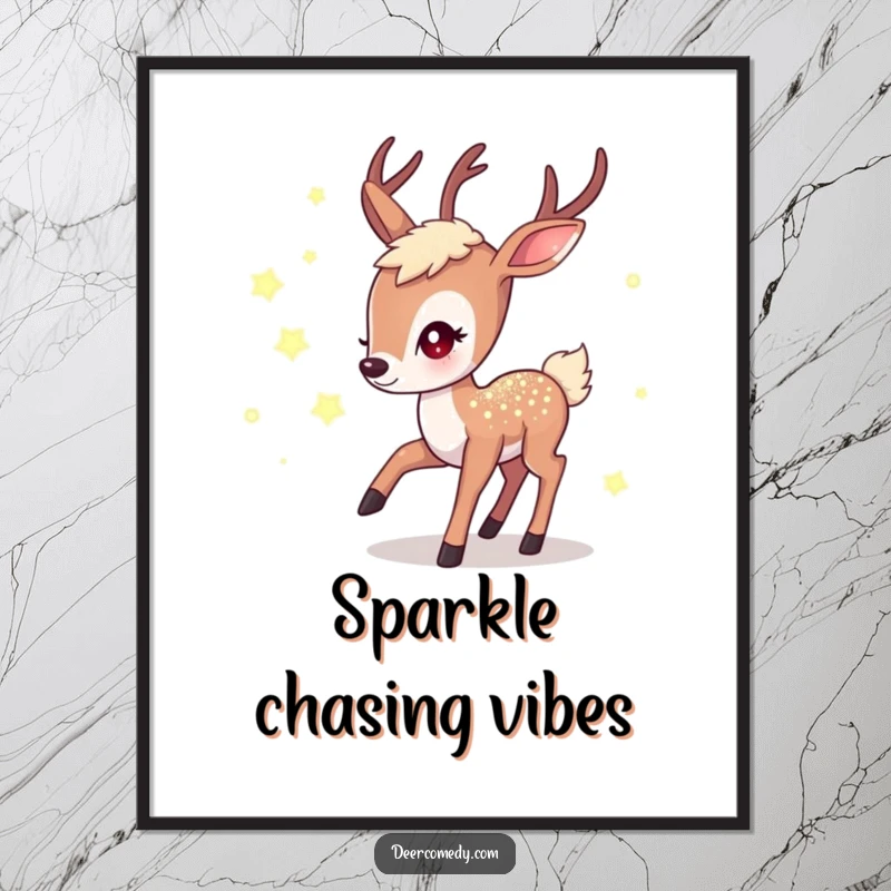 Funny digital art print of a shimmering kawaii deer chasing glowing fireflies, a magical and funny gift.