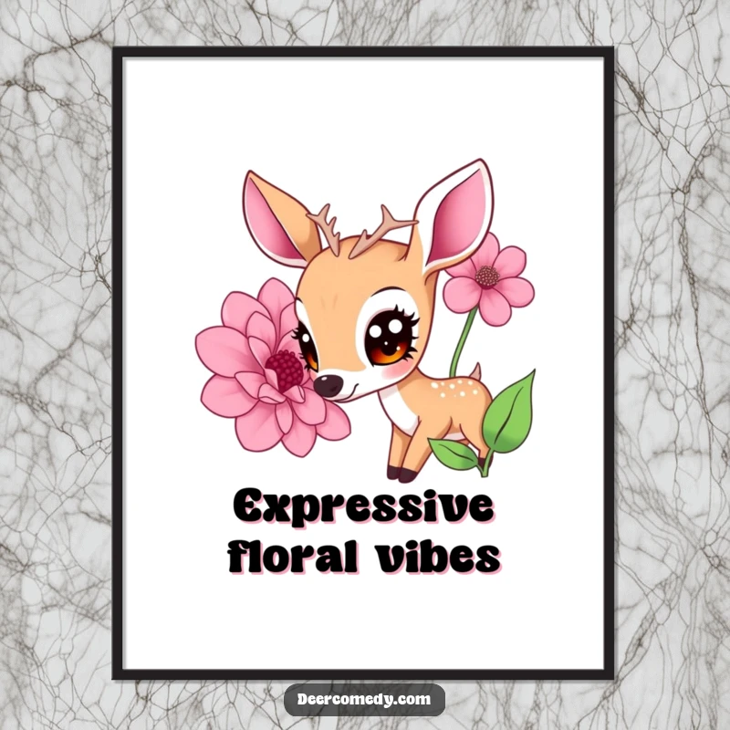 Funny digital art print of a kawaii deer with expressive eyes, gently sniffing a giant flower, a charming and funny gift.
