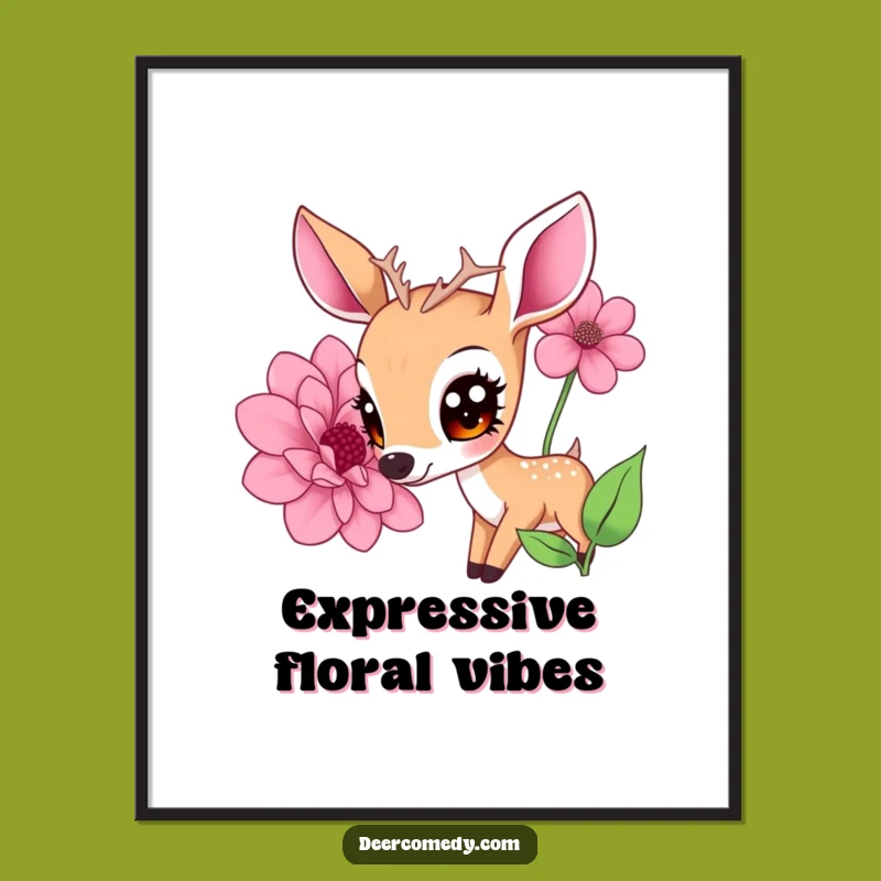 Funny Kawaii Deer Flower Art Print: Big Eyes Gentle Download, Unique Funny Gift