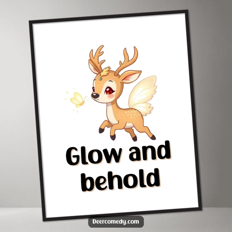 Funny digital art print of a delighted deer chasing a glowing butterfly made of light, evoking a sense of wonder and magical pursuit.