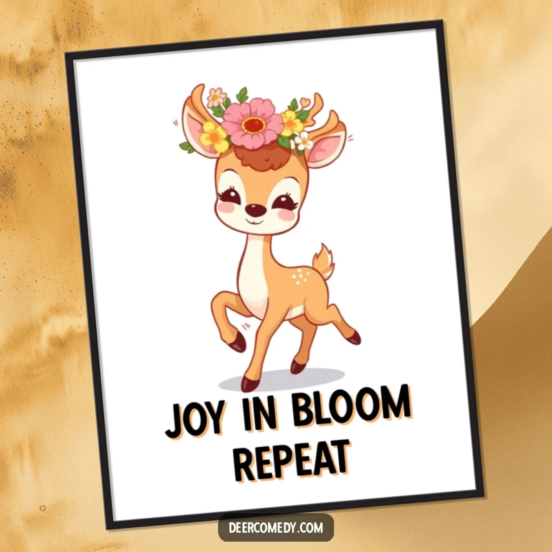 Funny digital art print of a kawaii deer with a floral wreath, prancing with pure happiness, an instant and funny gift.