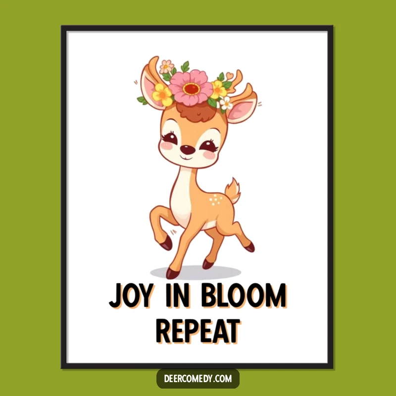 Funny Kawaii Deer Floral Art Print: Joyful Prancing Deer Digital Download, Unique Funny Gift