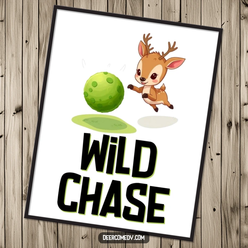 Funny digital art print of a little deer enthusiastically chasing a bouncy ball made from natural, green moss.