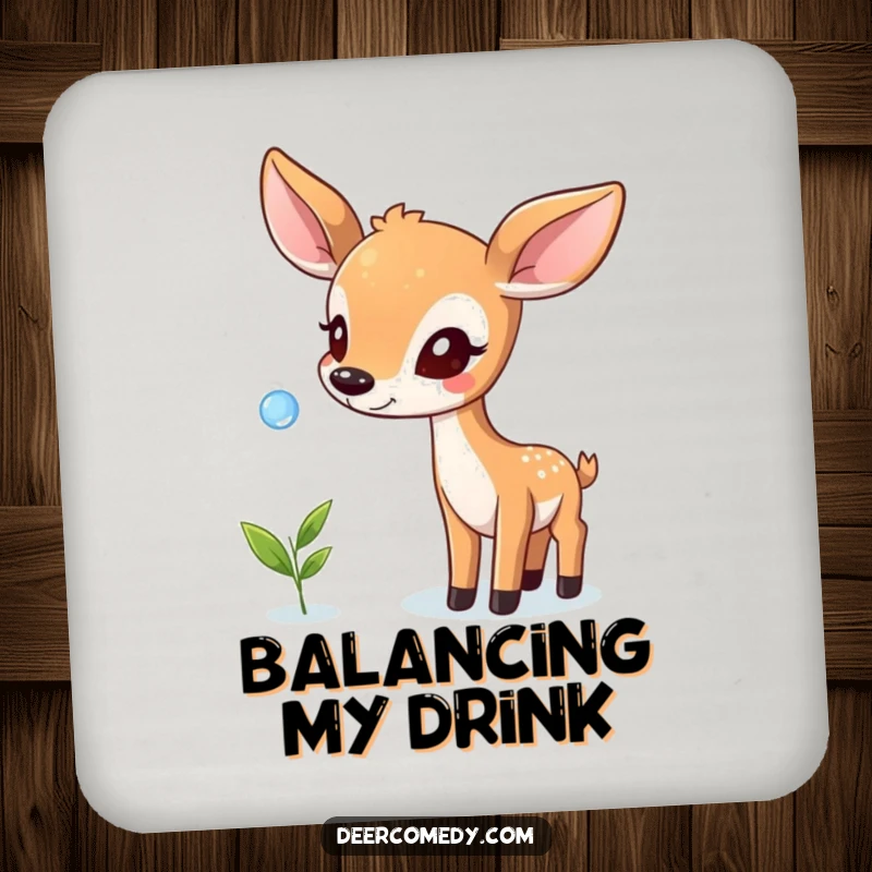 Funny drink coaster showing a deer balancing a dewdrop on its nose, perfect for adding whimsical charm and surface protection.