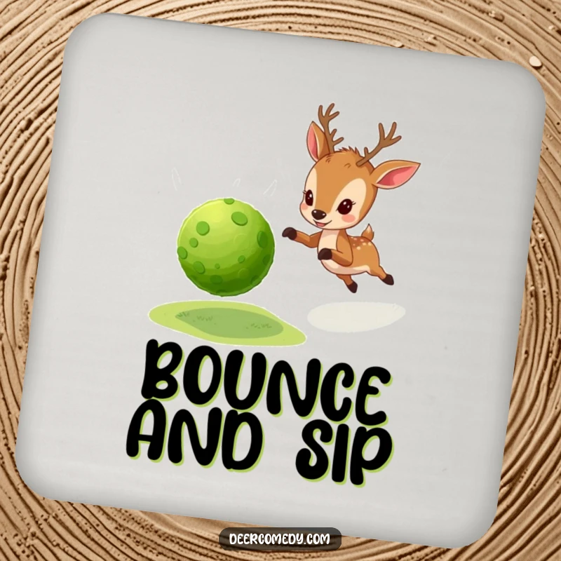 Funny coaster set with a little deer enthusiastically chasing a bouncy ball made from soft, green moss.