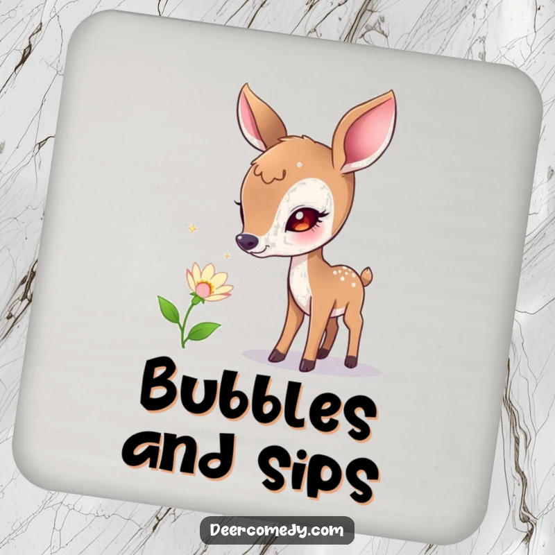 Funny coaster featuring a curious deer sniffing a flower that emits tiny, sparkling bubbles, adding whimsical protection for drinks.