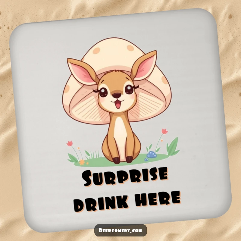 Funny drink coaster showing a deer peeking from behind a mushroom, perfect for adding whimsical charm and surface protection.