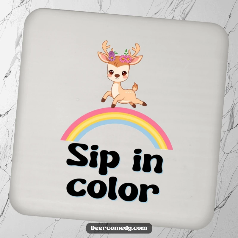 Funny coaster set showing a cute deer with flowers in its antlers joyfully leaping over a vibrant rainbow.