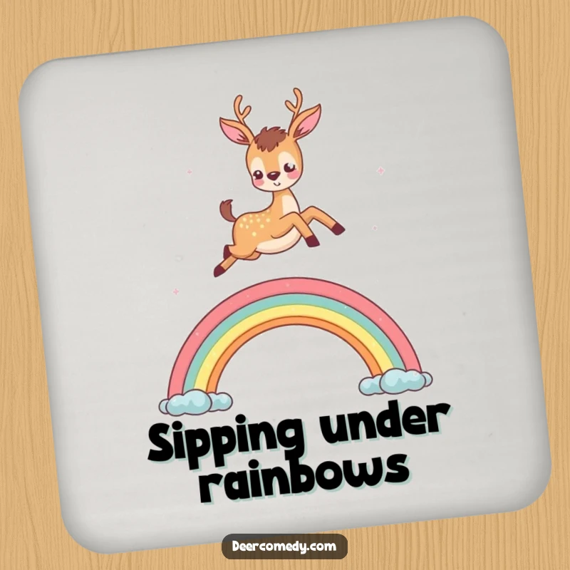 Funny drink coaster showing a deer leaping over a rainbow, perfect for adding whimsy and protection.