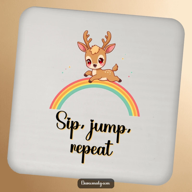 Funny kawaii deer coaster featuring a deer with sparkling eyes, playfully leaping over a rainbow arch.