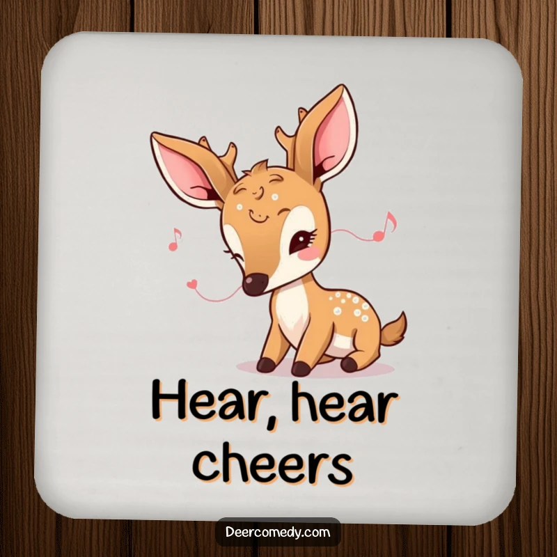 Funny kawaii deer coaster featuring a deer with oversized ears, intently listening to a tiny melody.