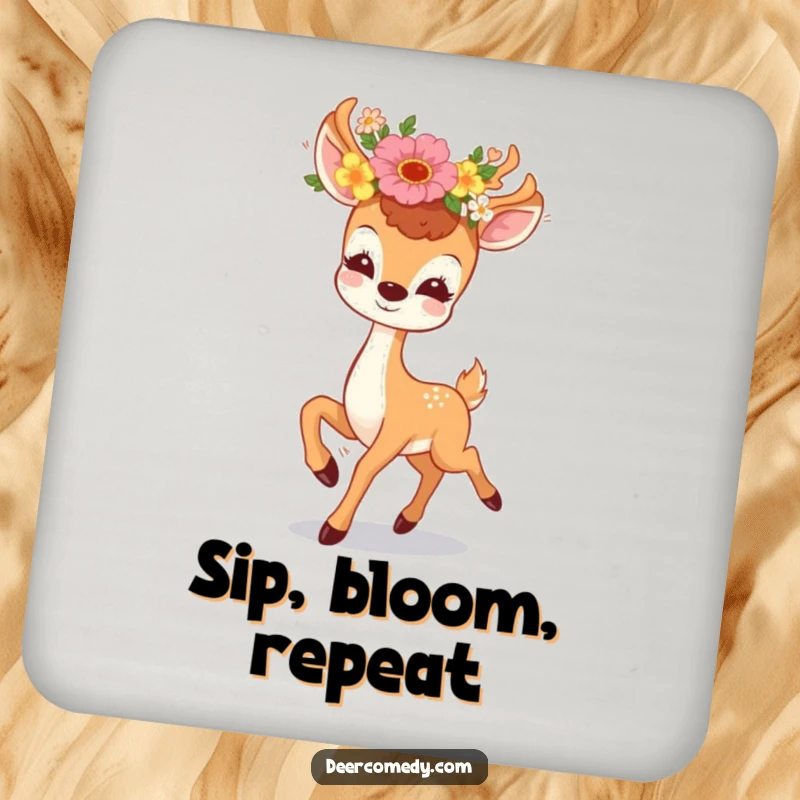 Funny coaster with a kawaii deer and floral wreath, prancing happily, a charming and funny gift for home.
