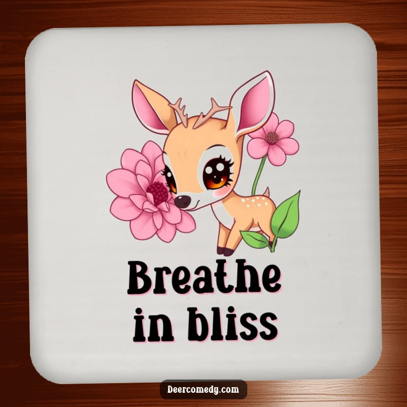 Funny coaster with a kawaii deer having large eyes, sniffing a giant flower, a charming and funny gift.