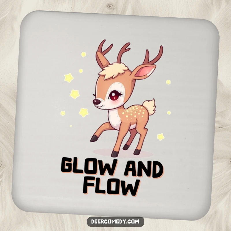Funny coaster with a shimmering kawaii deer chasing glowing fireflies, a magical and funny gift for home.