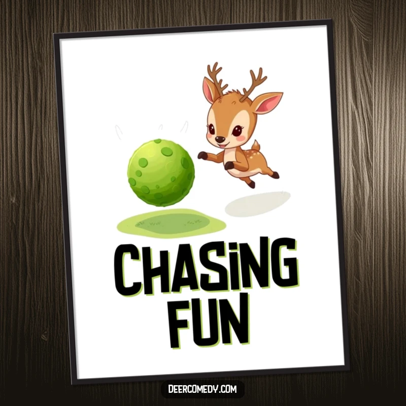 Funny poster print of a little deer enthusiastically chasing a bouncy ball made from natural, green moss.