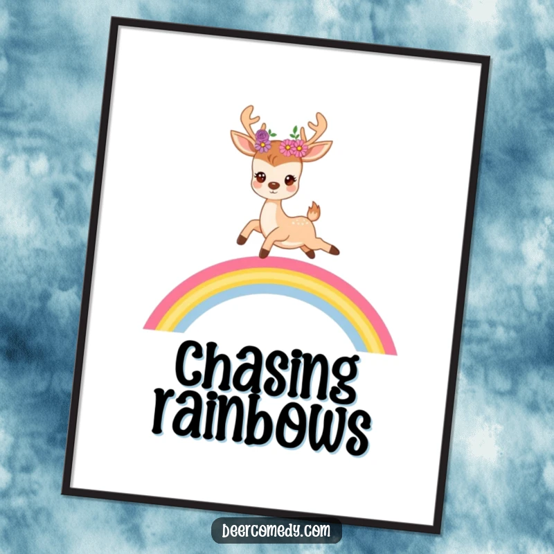 Funny poster print of a cute deer with flowers in its antlers joyfully leaping over a vivid, colorful rainbow.