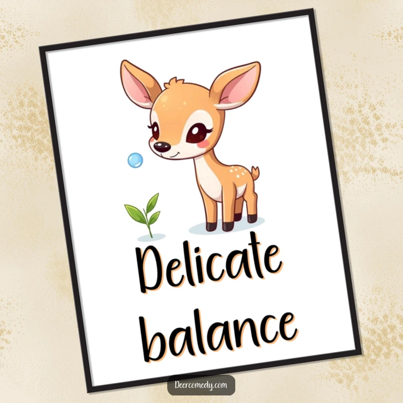 Funny poster featuring a deer concentrating on balancing a dewdrop on its nose, a peaceful and whimsical piece.