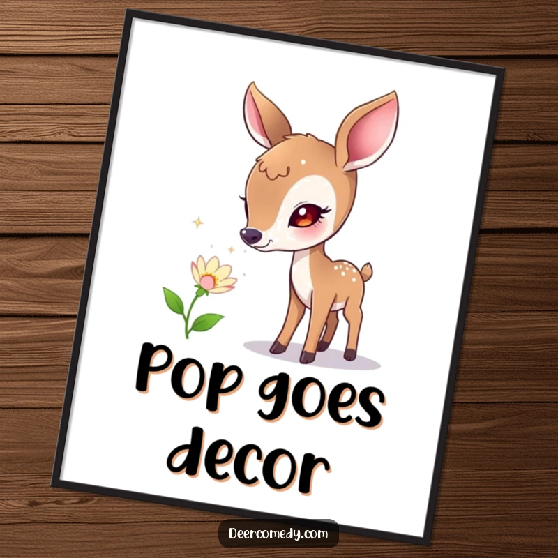 Funny poster print of a curious deer investigating a flower from which tiny, sparkling bubbles are emerging, capturing a moment of gentle fascination.