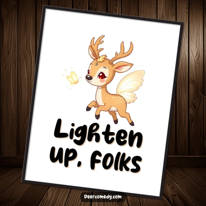 Funny poster print showing a delighted deer captivated by a shimmering butterfly made of pure light, a scene of whimsical fantasy and nature.