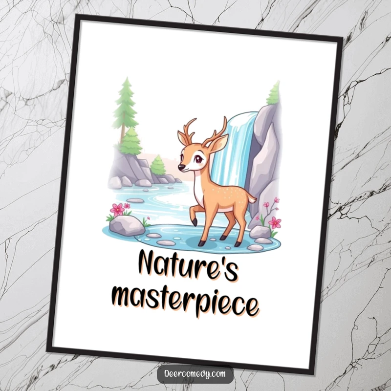 Funny poster print of a graceful deer posing elegantly beside a sparkling, cascading waterfall.