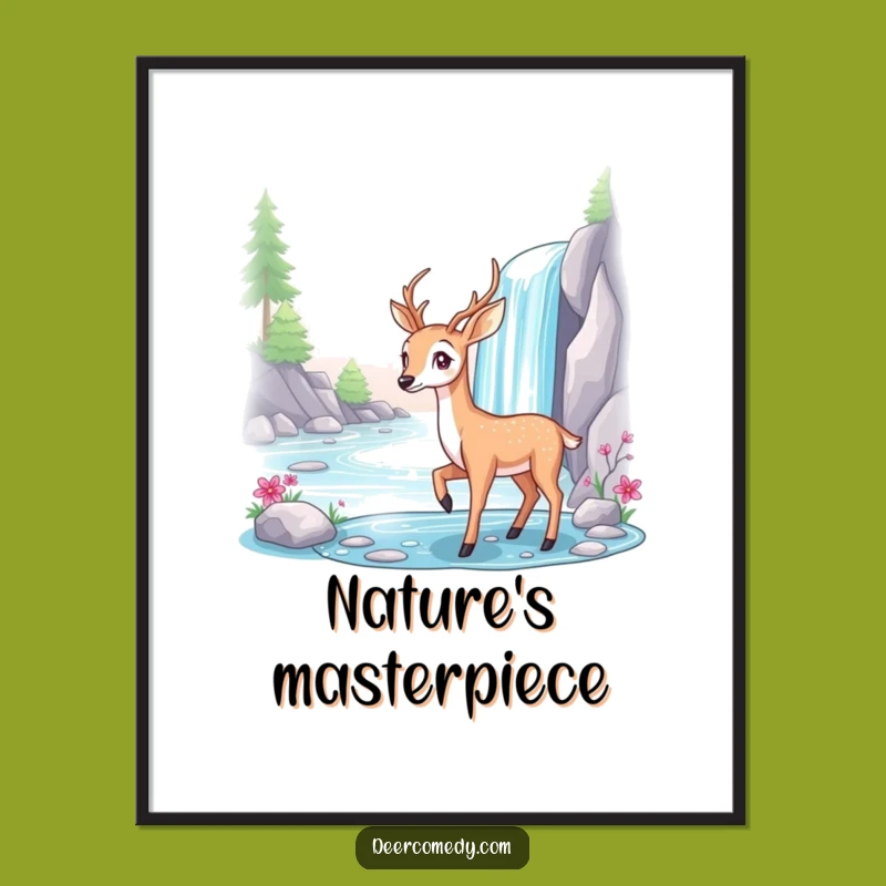 Funny Deer Waterfall Poster: Serene Wall Art, Elegant Funny Gift