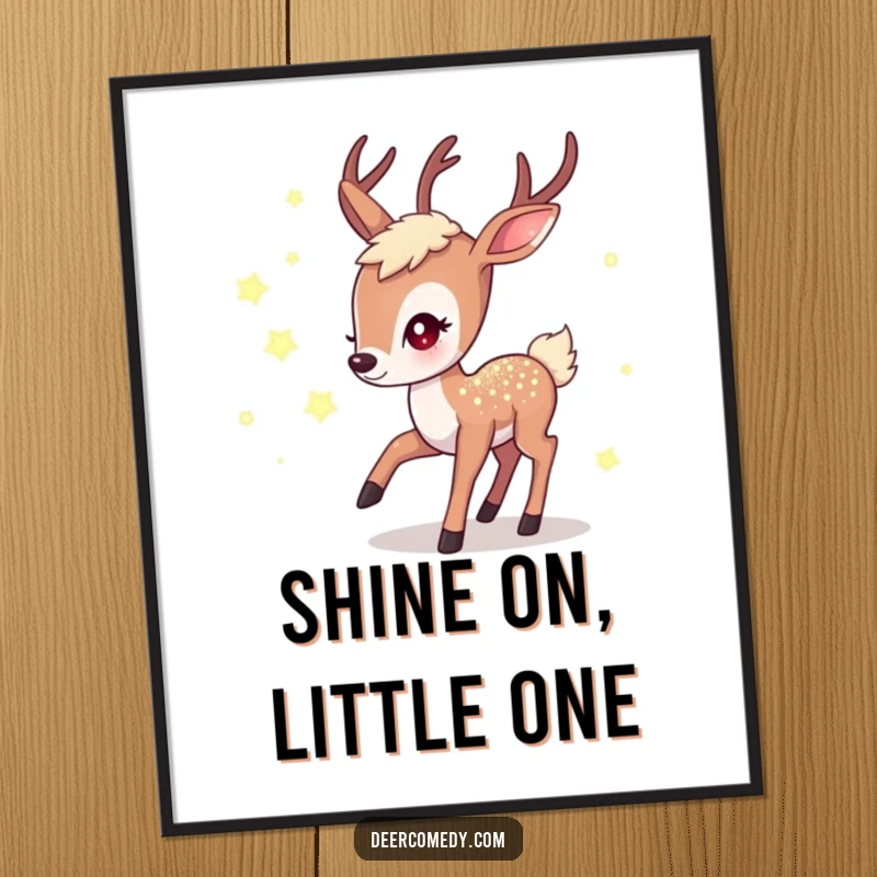 Funny poster art of a shimmering kawaii deer chasing glowing fireflies, a mystical and funny gift for decor.