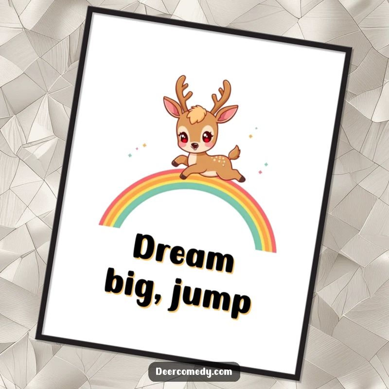 Funny kawaii deer poster featuring a deer with sparkling eyes, mid-leap over a beautiful, colorful rainbow arch.