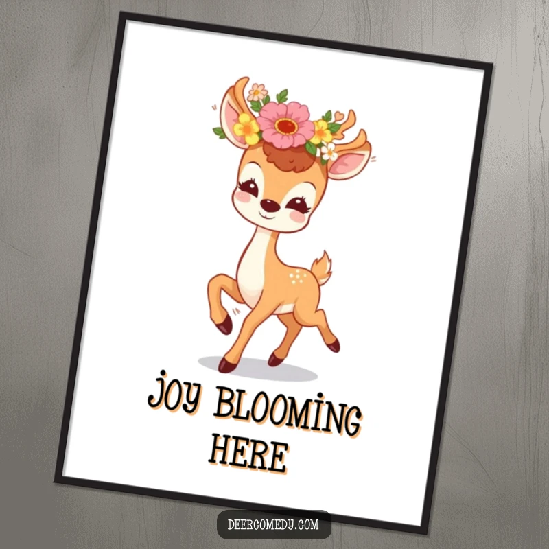 Funny poster art of a kawaii deer with a floral wreath, gleefully prancing, a vibrant and funny gift for decor.