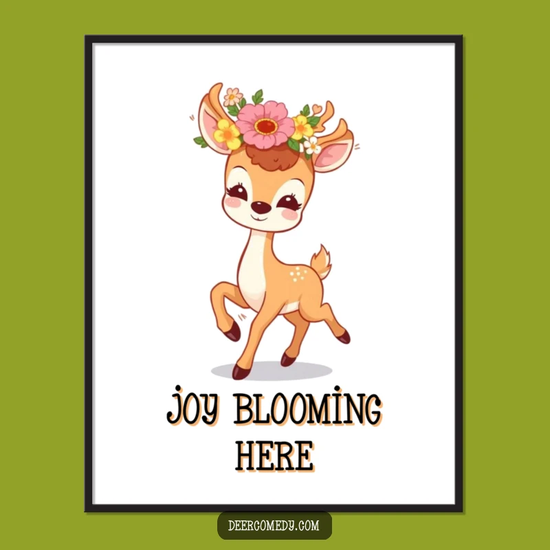Funny Kawaii Deer Floral Poster: Prancing Joyful Art Print, Stunning Funny Gift