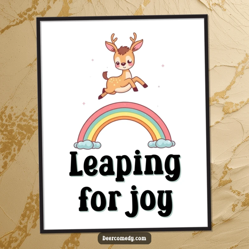 Funny poster capturing a deer joyfully jumping over a small rainbow, a heartwarming and whimsical piece.