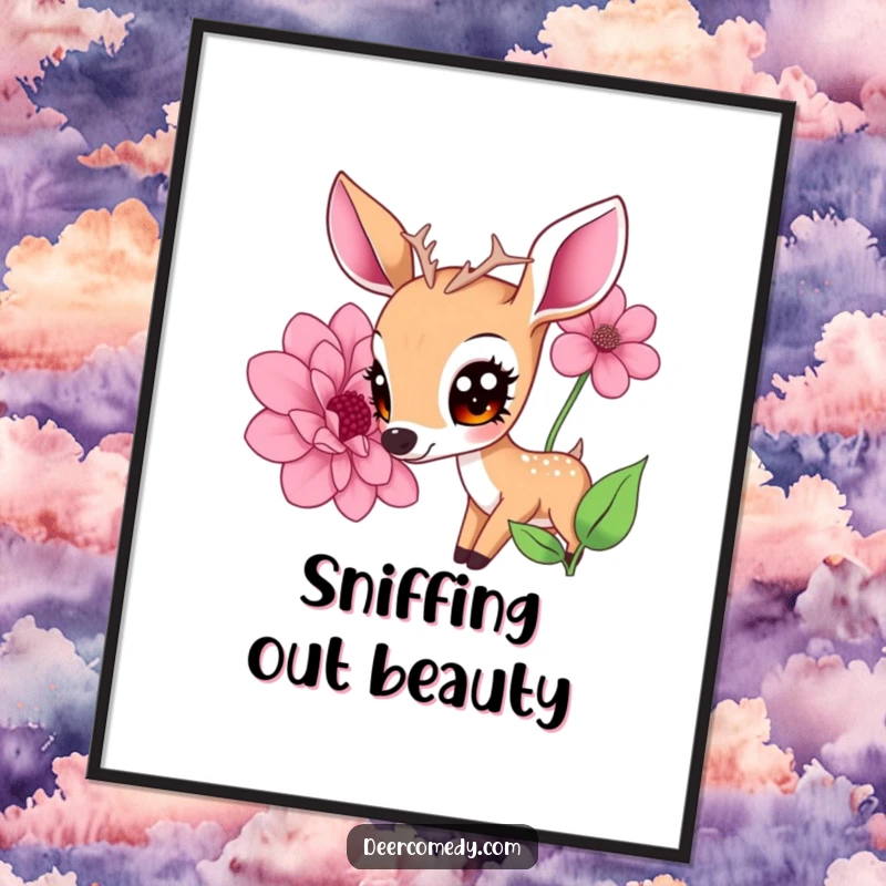 Funny poster art of a kawaii deer with large eyes, gently sniffing a giant flower, a beautiful and funny gift.