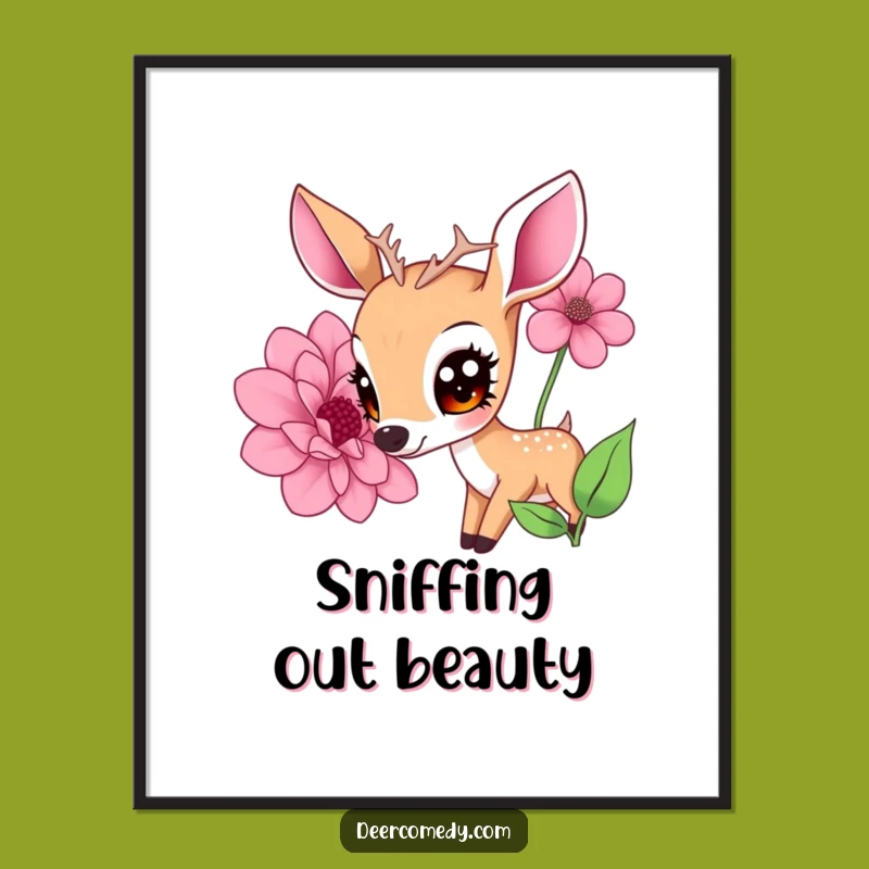 Funny Kawaii Deer Flower Poster: Big Eyes Gentle Art, Unique Funny Gift