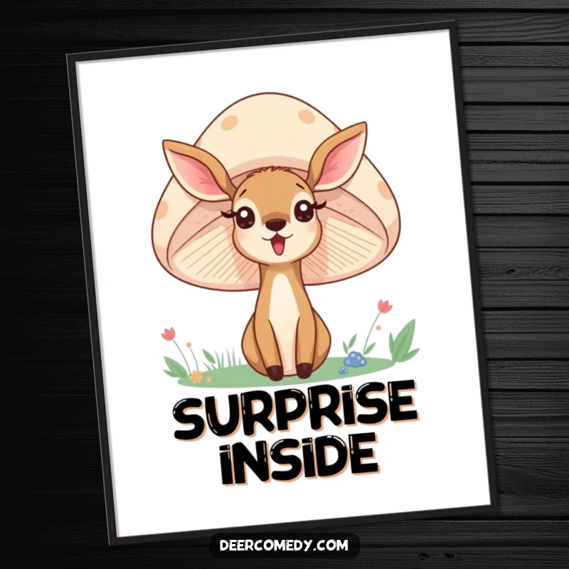 Funny poster featuring a surprised deer peeking from behind a giant, smiling mushroom, a charming piece of woodland art.