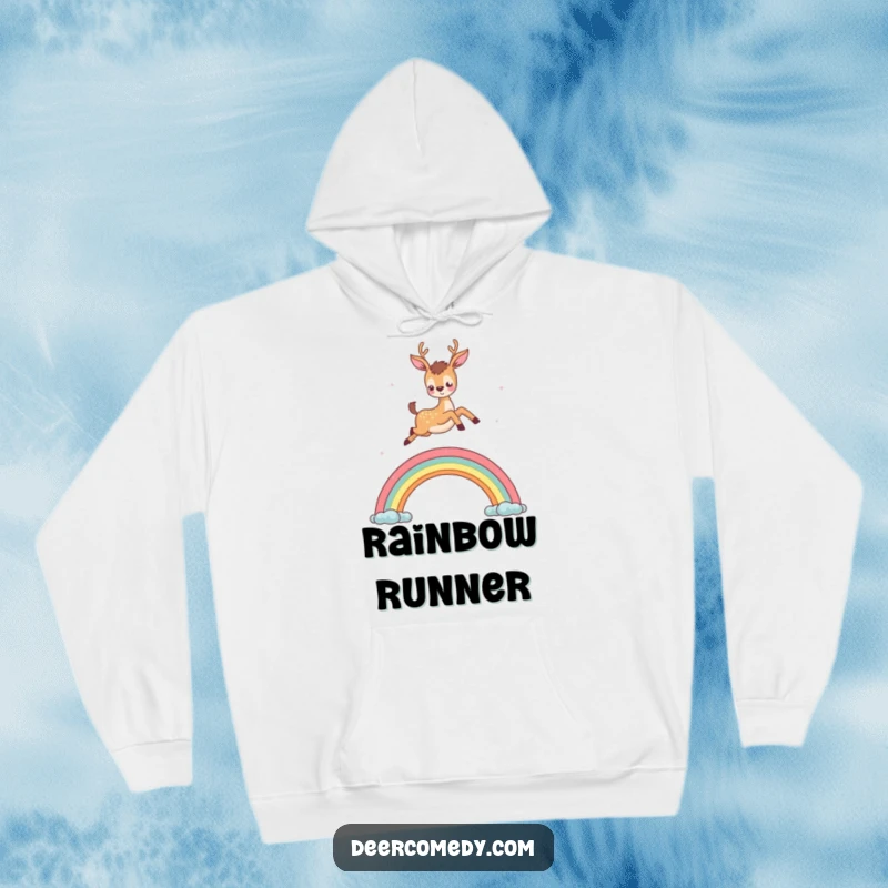 Funny hoodie featuring a deer gracefully leaping over a rainbow, designed for comfort and doses of whimsical cheer.