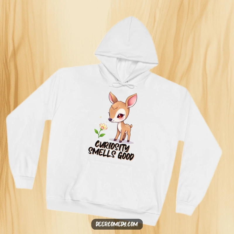 Funny hoodie depicting a curious deer gently interacting with a flower that produces tiny, sparkling bubbles, celebrating innocent discovery.