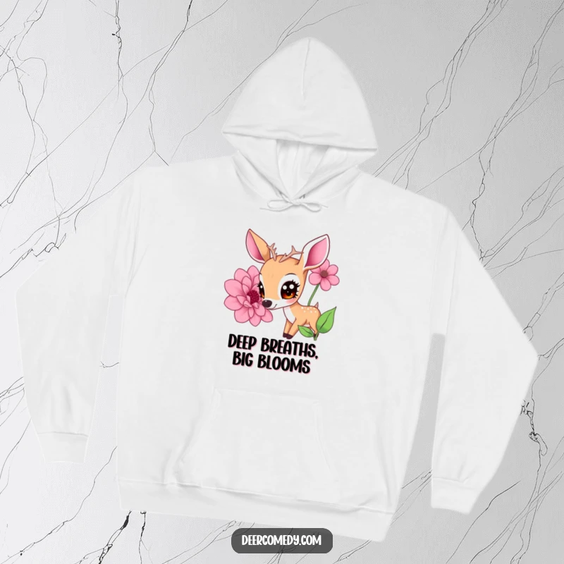 Funny hoodie featuring a kawaii deer with expressive eyes, smelling a huge flower, a cozy and funny gift.