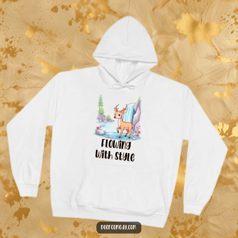 Funny hoodie featuring a graceful deer posing elegantly beside a beautiful, sparkling waterfall.