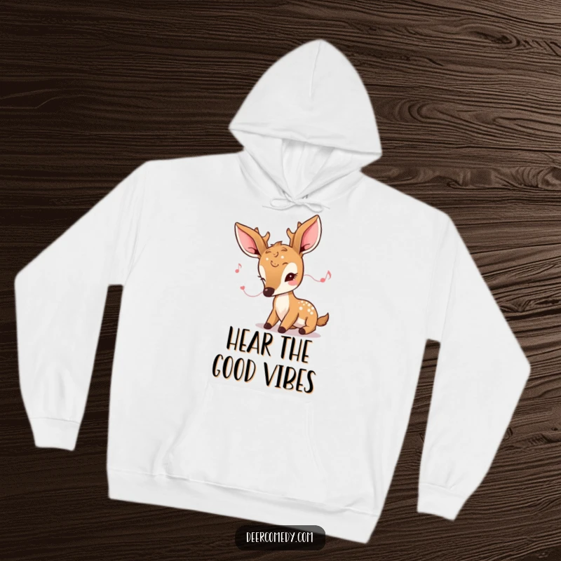 Funny kawaii deer hoodie featuring a deer with large ears, focused on listening to a delicate, tiny melody.