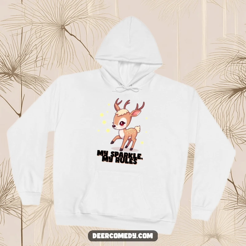 Funny hoodie depicting a shimmering kawaii deer enthusiastically chasing luminous fireflies, a perfect cozy and funny gift.