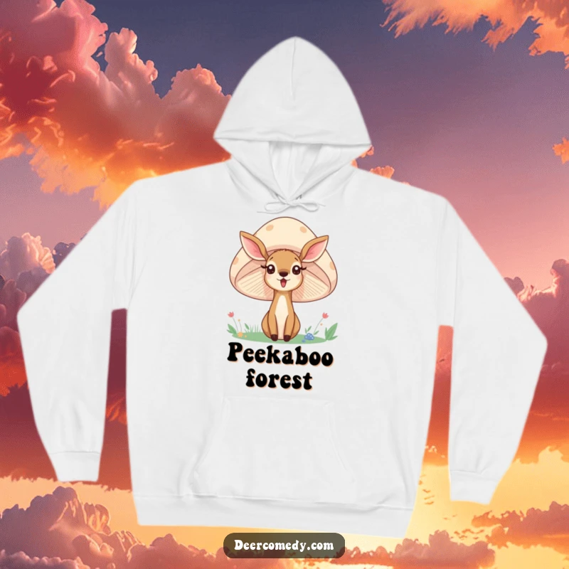 Funny hoodie featuring a deer peeking from behind a smiling mushroom, offering comfort and a touch of woodland humor.