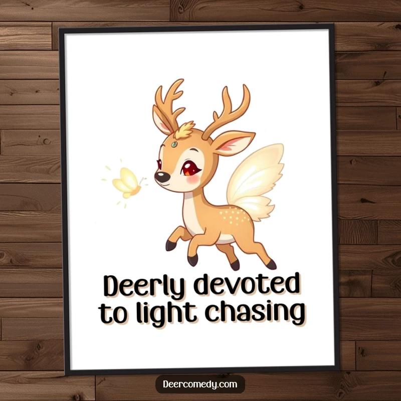 Funny Free Printable Wall Art: A delighted deer joyfully pursues a mesmerizing butterfly composed of shimmering light.