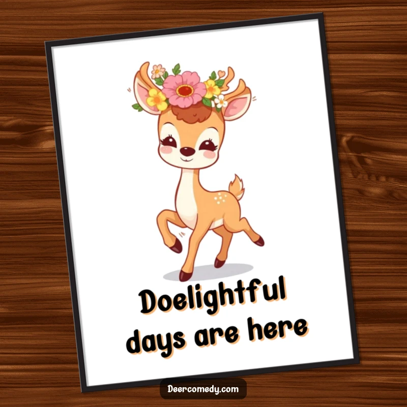 Funny Free Printable Wall Art: A cheerful kawaii deer wearing a floral wreath, prancing happily, creating a joyful and whimsical vibe, great art gift.
